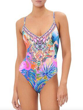 CAMILLA Flamenco Flamingo Crystal V Neck High Leg One Piece Swimsuit Small